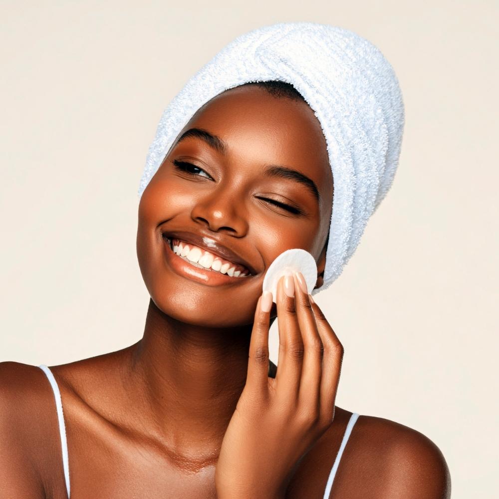 Person wearing towel in hair, smiling, eyes squinting open playfully, holding circle pad to cheek