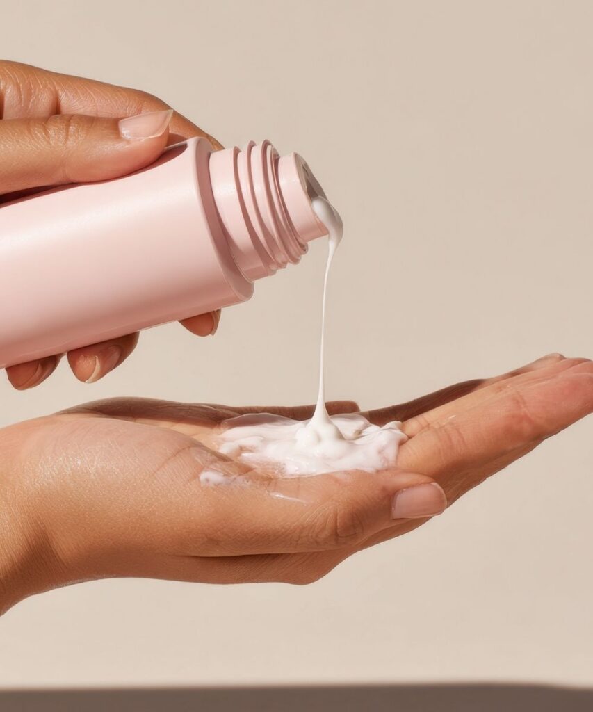 close-up of person's hands pouring white cream from pink bottle into open hand with palm up