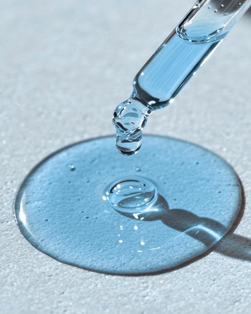 Close-up of glass dropper with translucent blue liquid forming a puddle on flat surface